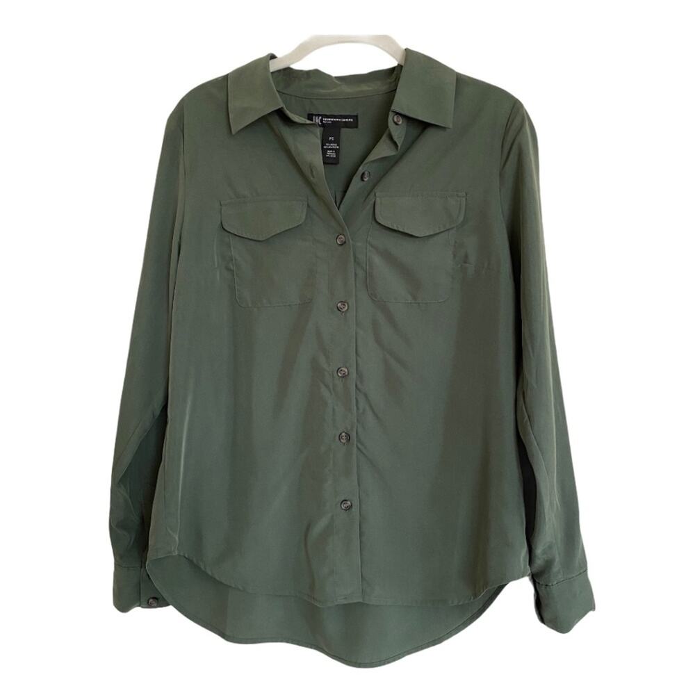 International Concepts INC Long Sleeve Button Up Top Olive Green Size PS